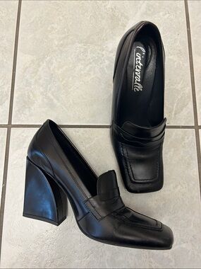 Black Leather Block Heel Loafers